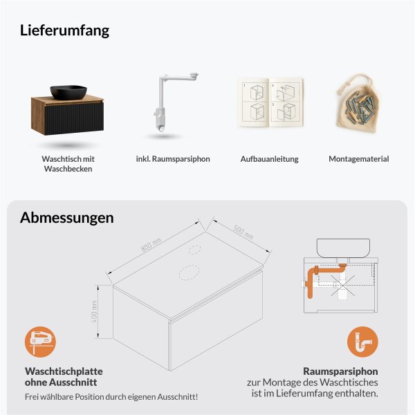 ARISA Waschtisch 80 cm Schwarz Geriffelt mit Keramik-Aufsatzwaschbecken 42 cm in Schwarz