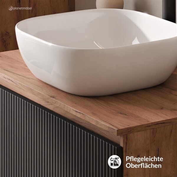 ARISA Waschtisch 80 cm Schwarz Geriffelt mit Keramik-Aufsatzwaschbecken 42 cm in Weiß