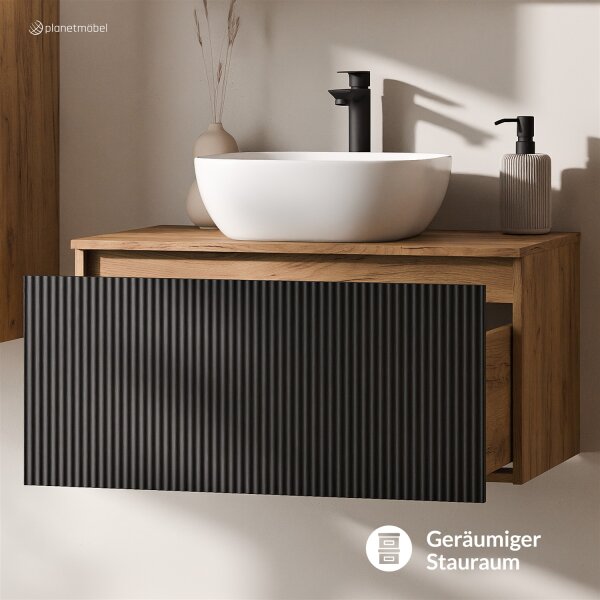 ARISA Waschtisch 80 cm Schwarz Geriffelt mit Keramik-Aufsatzwaschbecken 42 cm in Weiß