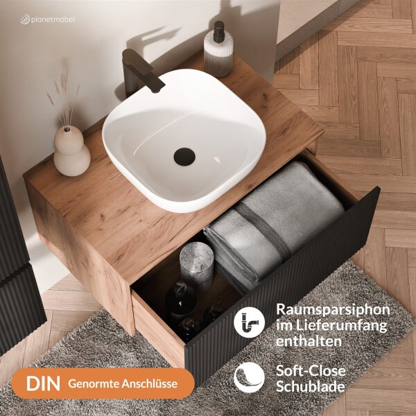 ARISA Waschtisch 80 cm Schwarz Geriffelt mit Keramik-Aufsatzwaschbecken 42 cm in Weiß