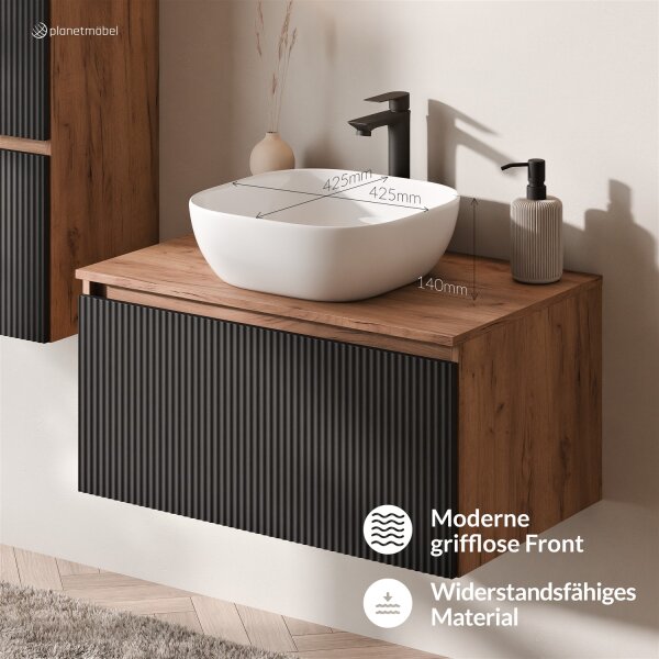 ARISA Waschtisch 80 cm Schwarz Geriffelt mit Keramik-Aufsatzwaschbecken 42 cm in Weiß