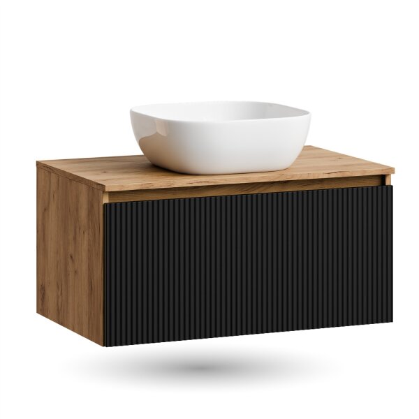ARISA Waschtisch 80 cm Schwarz Geriffelt mit Keramik-Aufsatzwaschbecken 42 cm in Weiß