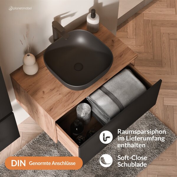 ARISA Waschtisch 80 cm Schwarz mit Keramik-Aufsatzwaschbecken 42 cm in Schwarz