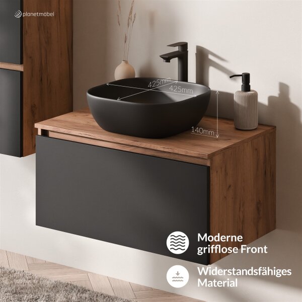 ARISA Waschtisch 80 cm Schwarz mit Keramik-Aufsatzwaschbecken 42 cm in Schwarz