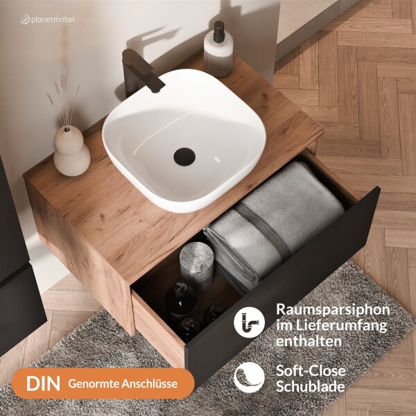 ARISA Waschtisch 80 cm Schwarz mit Keramik-Aufsatzwaschbecken 42 cm in Weiß