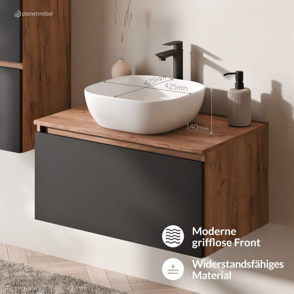 ARISA Waschtisch 80 cm Schwarz mit Keramik-Aufsatzwaschbecken 42 cm in Weiß