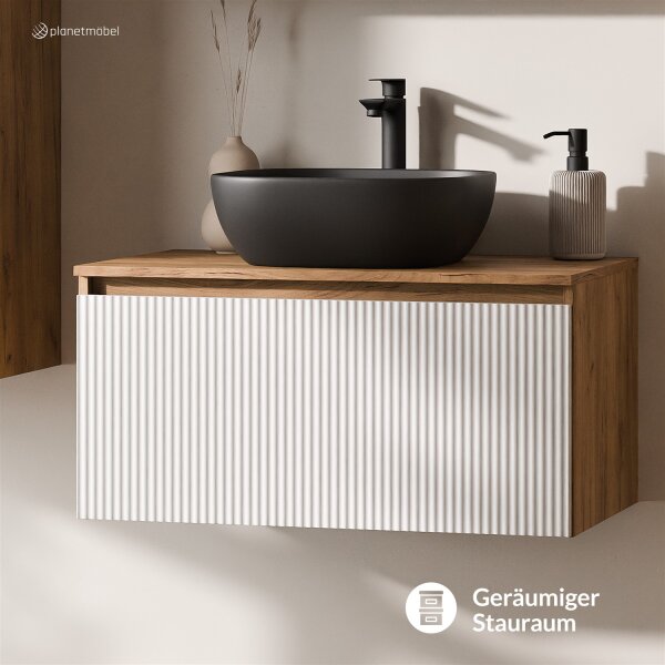 ARISA Waschtisch 80 cm Weiß Geriffelt mit Keramik-Aufsatzwaschbecken 42 cm in Schwarz