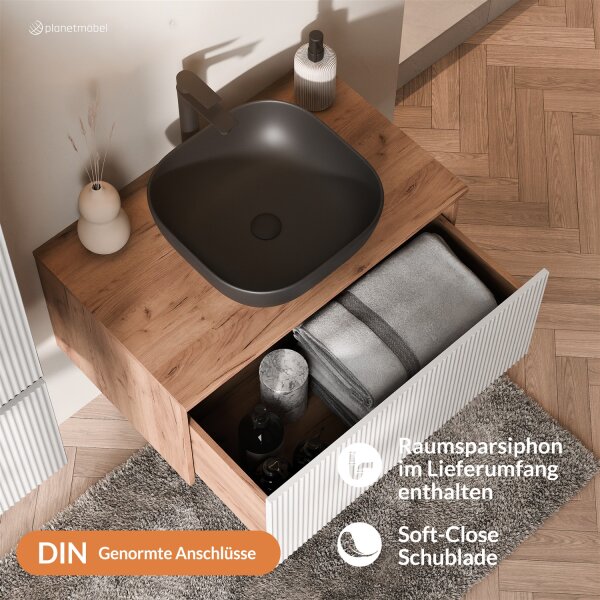 ARISA Waschtisch 80 cm Weiß Geriffelt mit Keramik-Aufsatzwaschbecken 42 cm in Schwarz