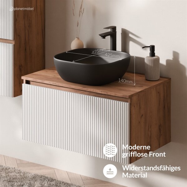 ARISA Waschtisch 80 cm Weiß Geriffelt mit Keramik-Aufsatzwaschbecken 42 cm in Schwarz