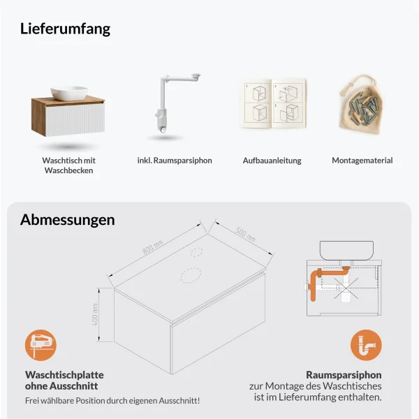 ARISA Waschtisch 80 cm Weiß Geriffelt mit Keramik-Aufsatzwaschbecken 42 cm in Weiß