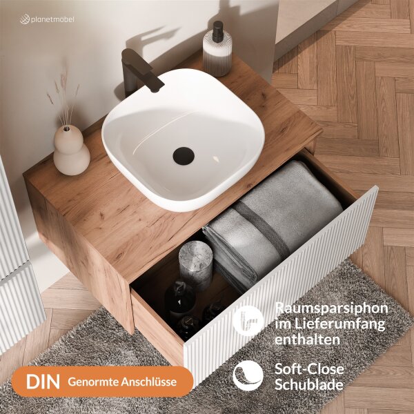 ARISA Waschtisch 80 cm Weiß Geriffelt mit Keramik-Aufsatzwaschbecken 60 cm in Weiß