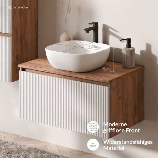 ARISA Waschtisch 80 cm Weiß Geriffelt mit Keramik-Aufsatzwaschbecken 60 cm in Weiß