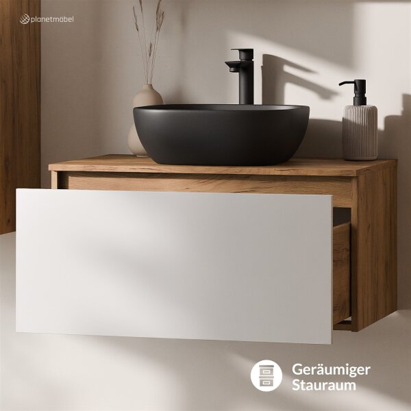 ARISA Waschtisch 80 cm Weiß mit Keramik-Aufsatzwaschbecken 42 cm in Schwarz