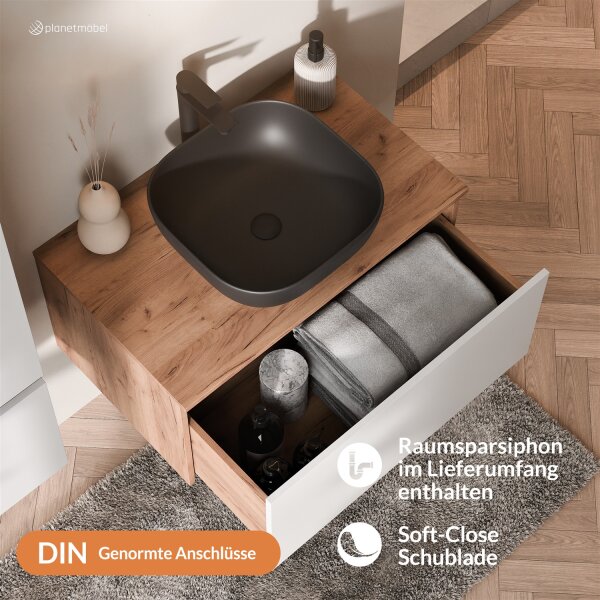 ARISA Waschtisch 80 cm Weiß mit Keramik-Aufsatzwaschbecken 42 cm in Schwarz