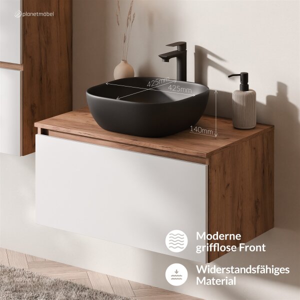 ARISA Waschtisch 80 cm Weiß mit Keramik-Aufsatzwaschbecken 42 cm in Schwarz