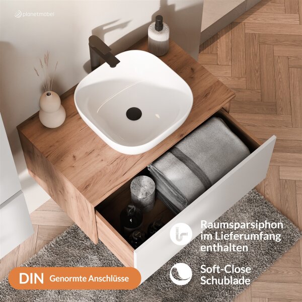 ARISA Waschtisch 80 cm Weiß mit Keramik-Aufsatzwaschbecken 42 cm in Weiß