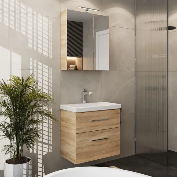Badmöbel Set mit Spiegelschrank und Waschtisch mit Schubladen – 60 cm / sonoma eiche