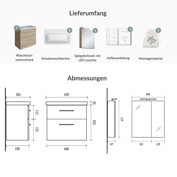 Badmöbel Set mit Spiegelschrank und Waschtisch mit Schubladen – 60 cm / sonoma eiche