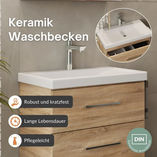 Badmöbel Set mit Spiegelschrank und Waschtisch mit Schubladen – 60 cm / sonoma eiche