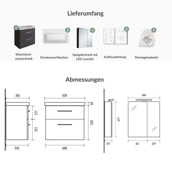 Badmöbel Set mit Spiegelschrank und Waschtisch mit Schubladen – 60 cm / anthrazit