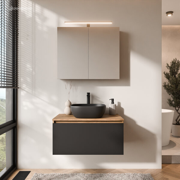 ARISA Badmöbel Set in Schwarz - Mit Spiegelschrank "ARIA" und schwarzem Keramik-Aufsatzwaschbecken 42 cm