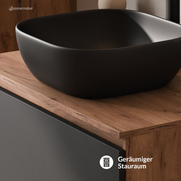 ARISA Badmöbel Set in Schwarz - Mit Spiegelschrank "ARIA" und schwarzem Keramik-Aufsatzwaschbecken 42 cm