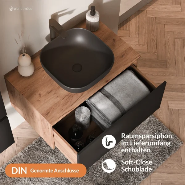 Ensemble de meubles de salle de bains ARISA en noir - Avec armoire de toilette « ARIA » et lavabo à poser en céramique noir de 42 cm