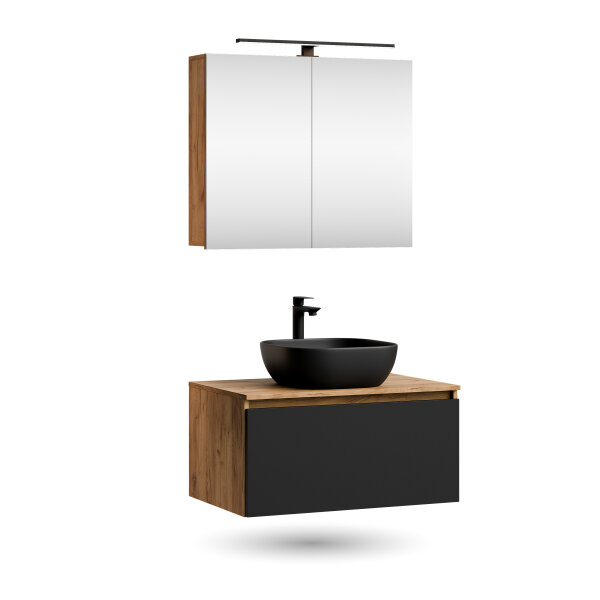 ARISA Badmöbel Set in Schwarz - Mit Spiegelschrank "ARIA" und schwarzem Keramik-Aufsatzwaschbecken 42 cm