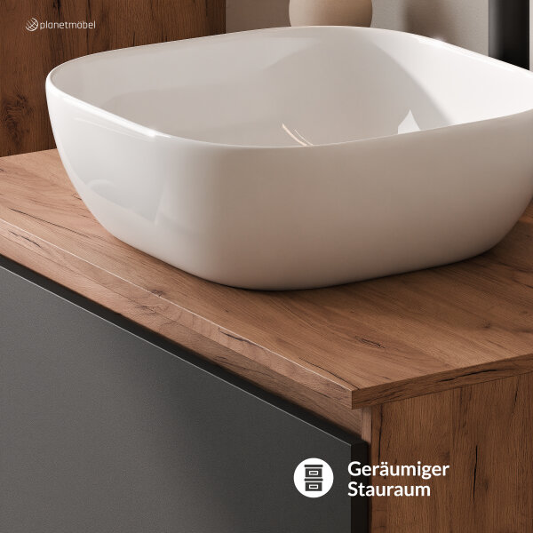 ARISA Badmöbel Set in Schwarz - Mit Spiegelschrank "ARIA" und weißem Keramik-Aufsatzwaschbecken 42 cm