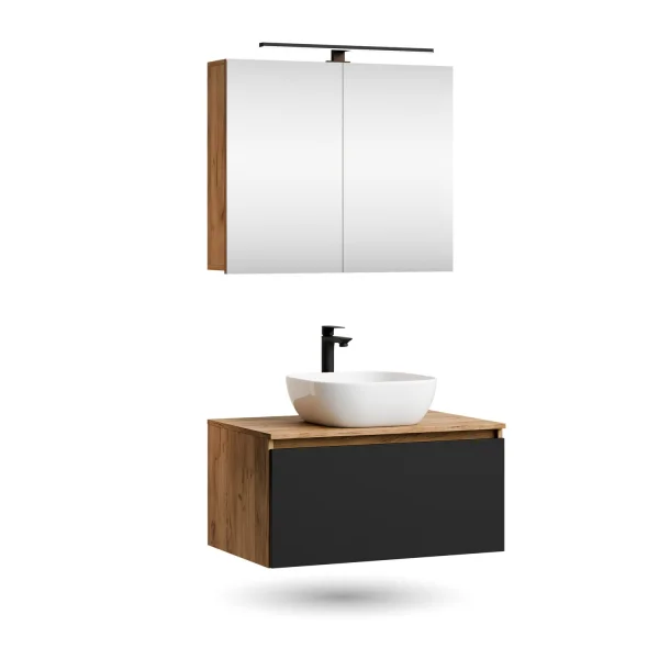 Ensemble de meubles de salle de bains ARISA en noir - Avec armoire de toilette « ARIA » et lavabo à poser en céramique blanche de 42 cm