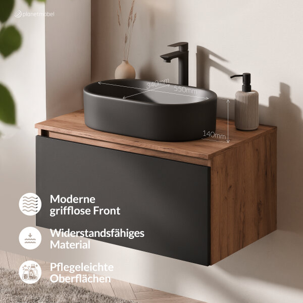 ARISA Badmöbel Set in Schwarz - Mit Spiegelschrank "ARIA" und schwarzem Keramik-Aufsatzwaschbecken 55 cm