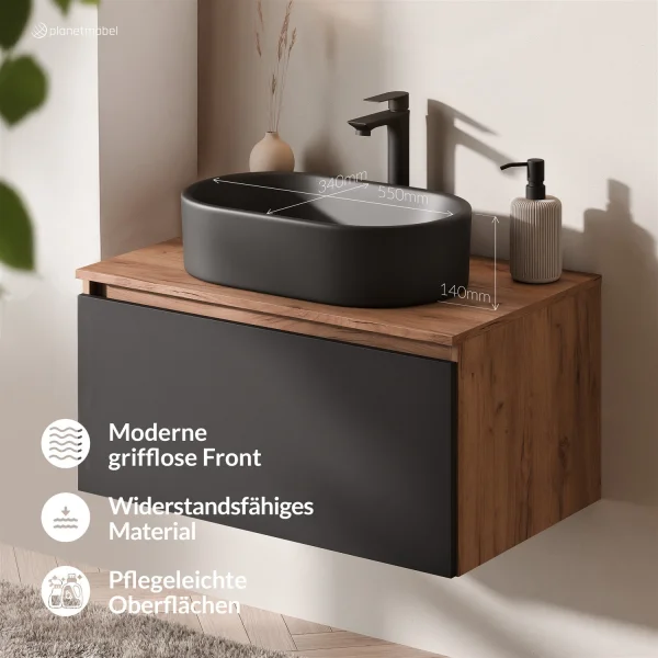 Ensemble de meubles de salle de bains ARISA en noir - Avec armoire de toilette « ARIA » et lavabo à poser en céramique noir de 55 cm