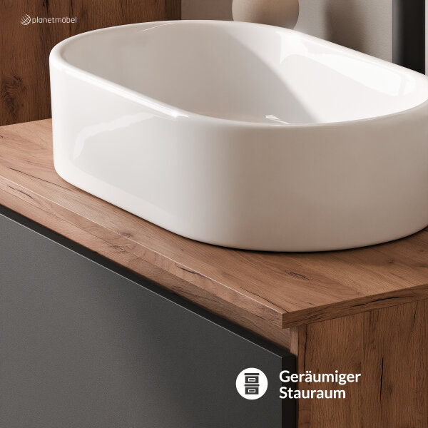 ARISA Badmöbel Set in Schwarz - Mit Spiegelschrank "ARIA" und weißem Keramik-Aufsatzwaschbecken 55 cm