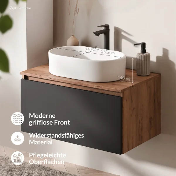 Ensemble de meubles de salle de bains ARISA en noir - Avec armoire de toilette « ARIA » et lavabo à poser en céramique blanche de 55 cm