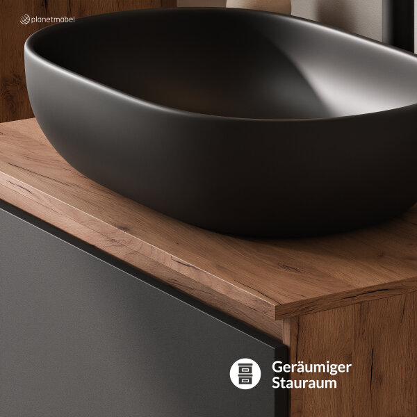 ARISA Badmöbel Set in Schwarz - Mit Spiegelschrank "ARIA" und schwarzem Keramik-Aufsatzwaschbecken 60 cm