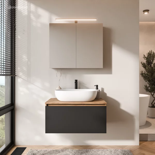 ARISA Badmöbel Set in Schwarz - Mit Spiegelschrank "ARIA" und weißem Keramik-Aufsatzwaschbecken 60 cm