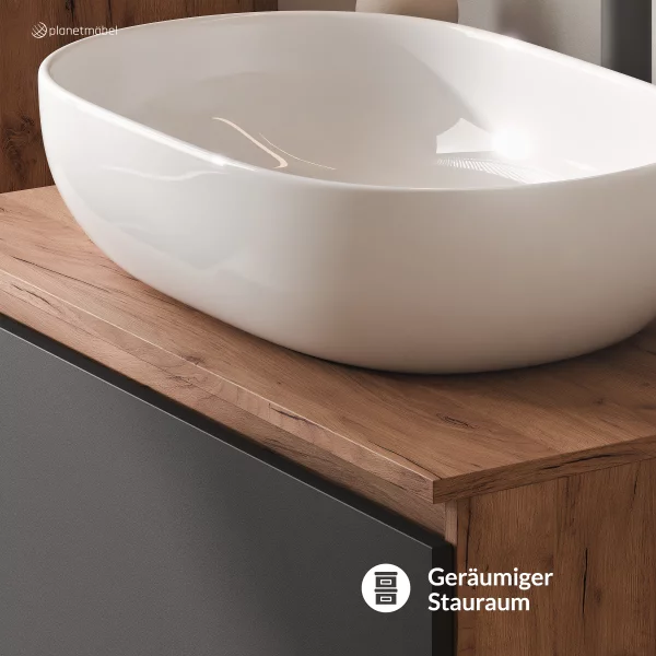 ARISA Badmöbel Set in Schwarz - Mit Spiegelschrank "ARIA" und weißem Keramik-Aufsatzwaschbecken 60 cm