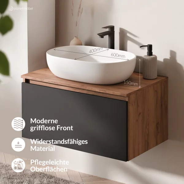 ARISA Badmöbel Set in Schwarz - Mit Spiegelschrank "ARIA" und weißem Keramik-Aufsatzwaschbecken 60 cm