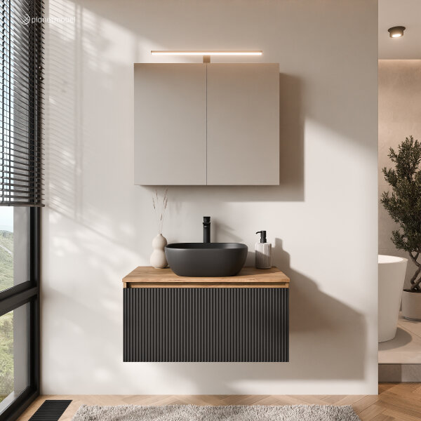 ARISA Badmöbel Set in Schwarz Geriffelt - Mit Spiegelschrank "ARIA" und schwarzem Keramik-Aufsatzwaschbecken 42 cm