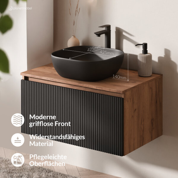 ARISA Badmöbel Set in Schwarz Geriffelt - Mit Spiegelschrank "ARIA" und schwarzem Keramik-Aufsatzwaschbecken 42 cm