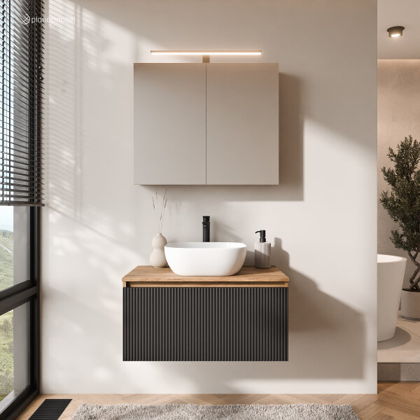 ARISA Badmöbel Set in Schwarz Geriffelt - Mit Spiegelschrank "ARIA" und weißem Keramik-Aufsatzwaschbecken 42 cm