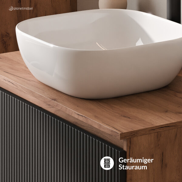 ARISA Badmöbel Set in Schwarz Geriffelt - Mit Spiegelschrank "ARIA" und weißem Keramik-Aufsatzwaschbecken 42 cm