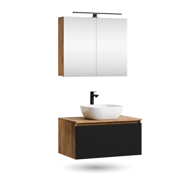 Ensemble de meubles de salle de bains ARISA noir strié - Avec armoire de toilette « ARIA » et vasque à poser en céramique blanche de 42 cm
