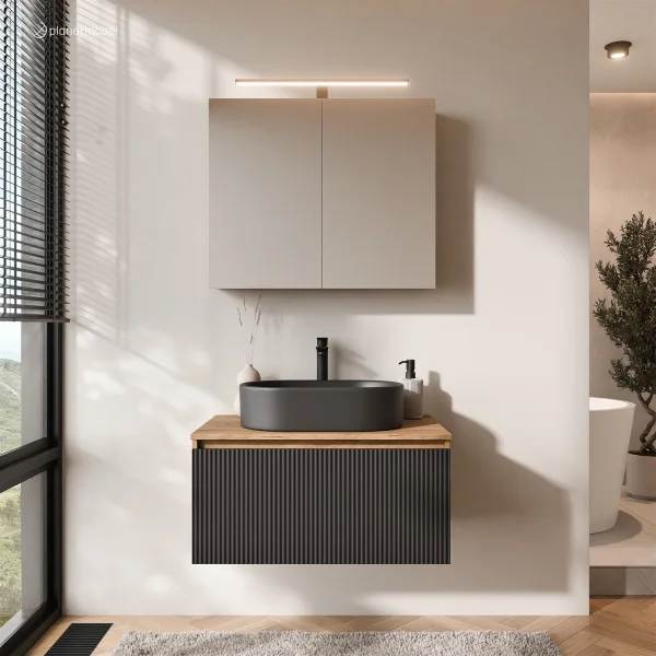 Ensemble de meubles de salle de bains ARISA noir strié - Avec armoire de toilette « ARIA » et lavabo à poser en céramique noir de 55 cm