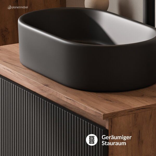 ARISA Badmöbel Set in Schwarz Geriffelt - Mit Spiegelschrank "ARIA" und schwarzem Keramik-Aufsatzwaschbecken 55 cm