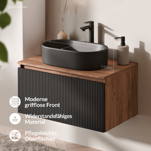 ARISA Badmöbel Set in Schwarz Geriffelt - Mit Spiegelschrank "ARIA" und schwarzem Keramik-Aufsatzwaschbecken 55 cm