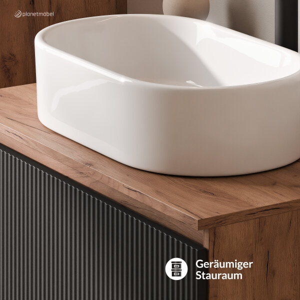 ARISA Badmöbel Set in Schwarz Geriffelt - Mit Spiegelschrank "ARIA" und weißem Keramik-Aufsatzwaschbecken 55 cm