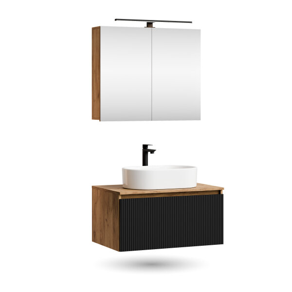 ARISA Badmöbel Set in Schwarz Geriffelt - Mit Spiegelschrank "ARIA" und weißem Keramik-Aufsatzwaschbecken 55 cm