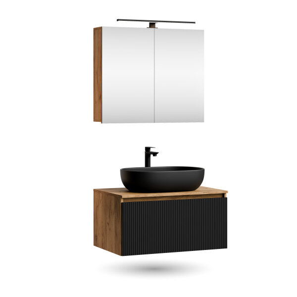 ARISA Badmöbel Set in Schwarz Geriffelt - Mit Spiegelschrank "ARIA" und schwarzem Keramik-Aufsatzwaschbecken 60 cm