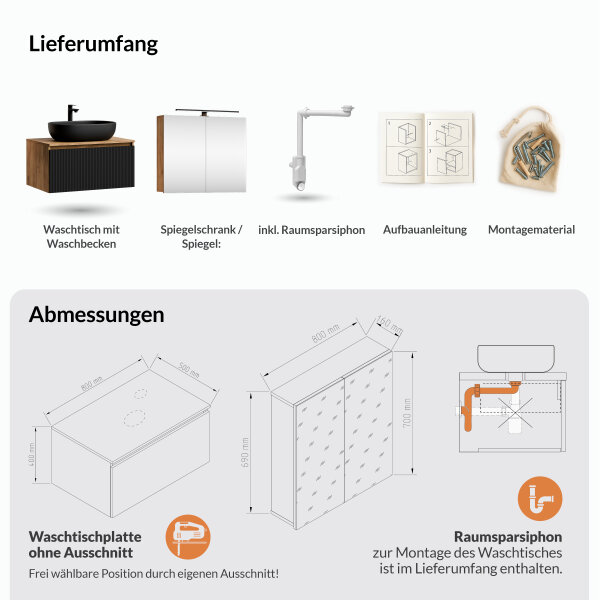 ARISA Badmöbel Set in Schwarz Geriffelt - Mit Spiegelschrank "ARIA" und schwarzem Keramik-Aufsatzwaschbecken 60 cm